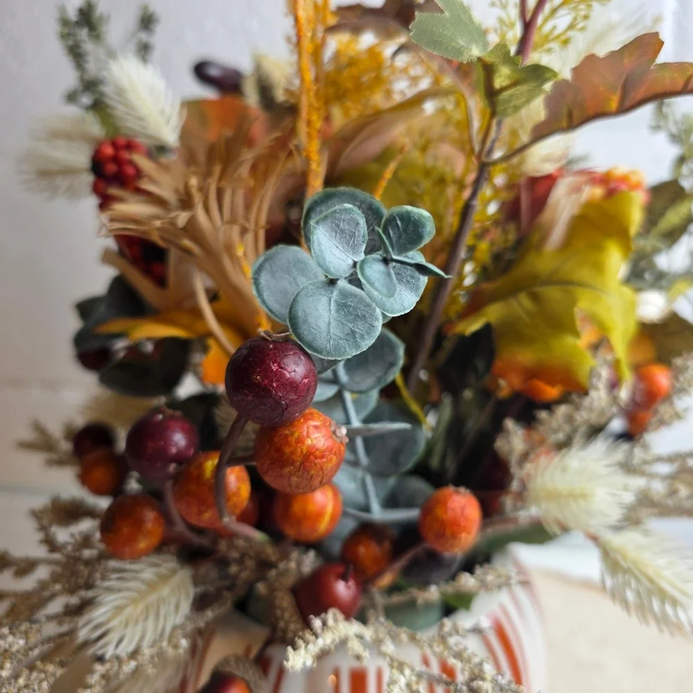 Fall Harvest Artificial Floral Arrangement in Striped Ceramic Pumpkin Pot